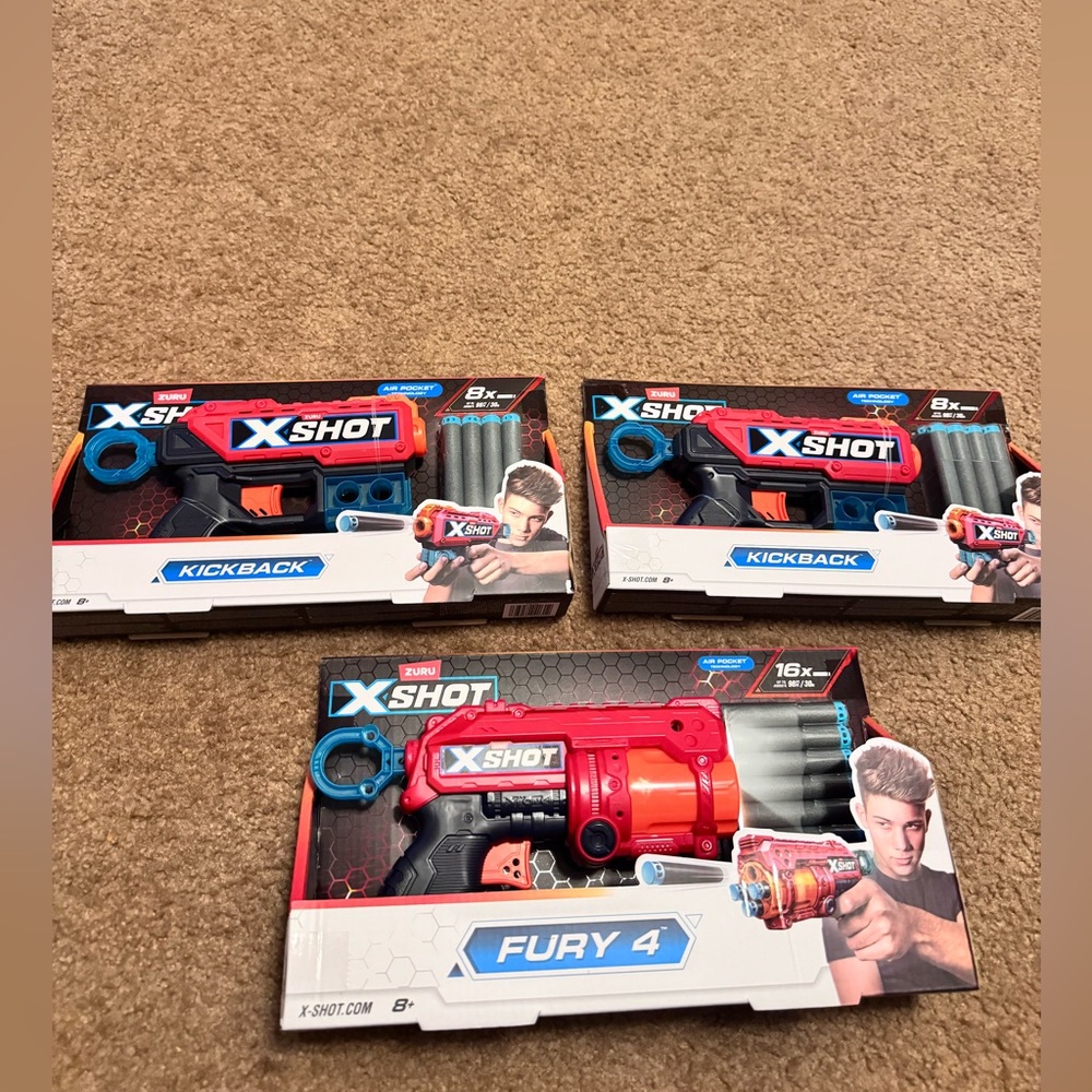 X-Shot Kickback and Fury 4 Blaster Set - Red, Blue, and Black